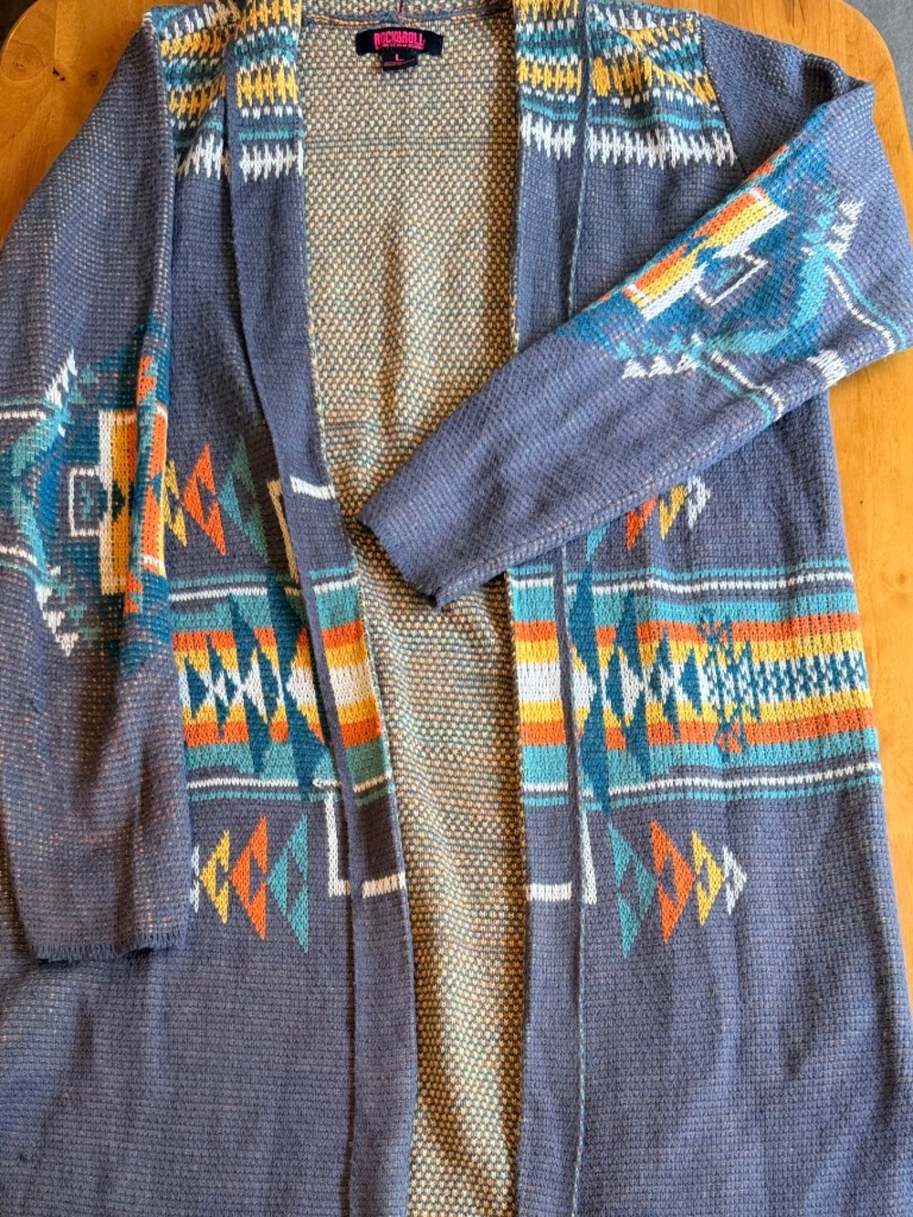 Rock & Roll Denim Womens Blue Southwestern Longline Duster Cardigan L 526